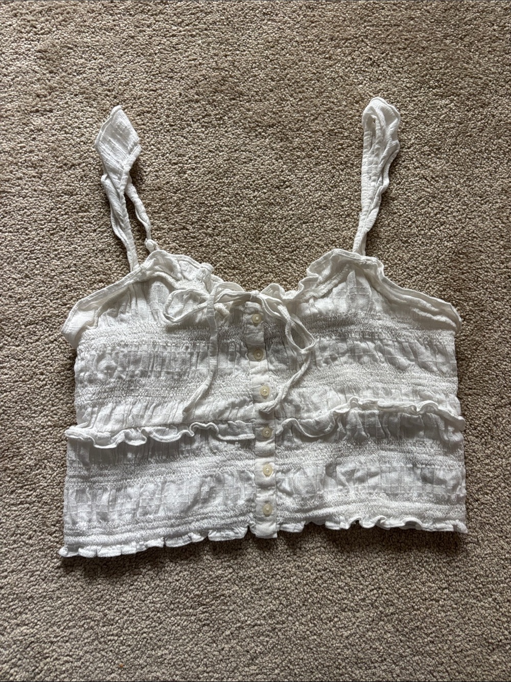 White Ruffle Button-Front Crop Tank Top